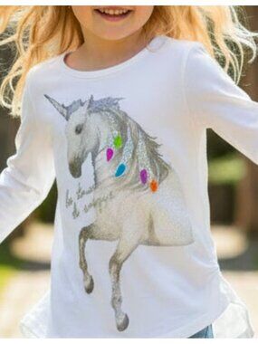 Girls XL Hanes Long-Sleeve White T-Shirt With Unicorn Graphic & Glitter Accents
